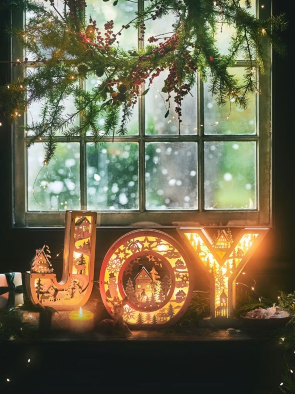 Anthropologie Wonderland Scene Set Monogram Wooden Light-up “JOY” NEW